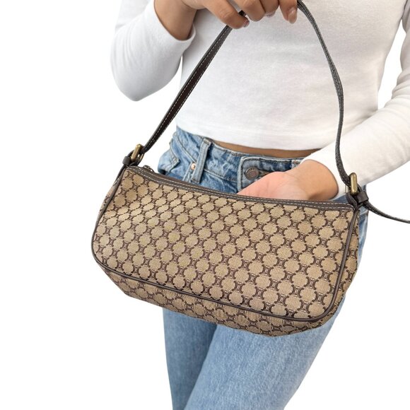 CELINE Vintage Macadam Monogram Shoulder Mini Bag Pochette Brown Canvas [106232] - Picture 4 of 13